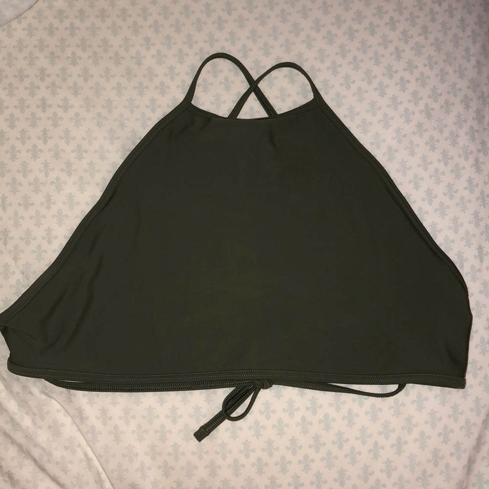 Olive green bikini top with a tie cross back.